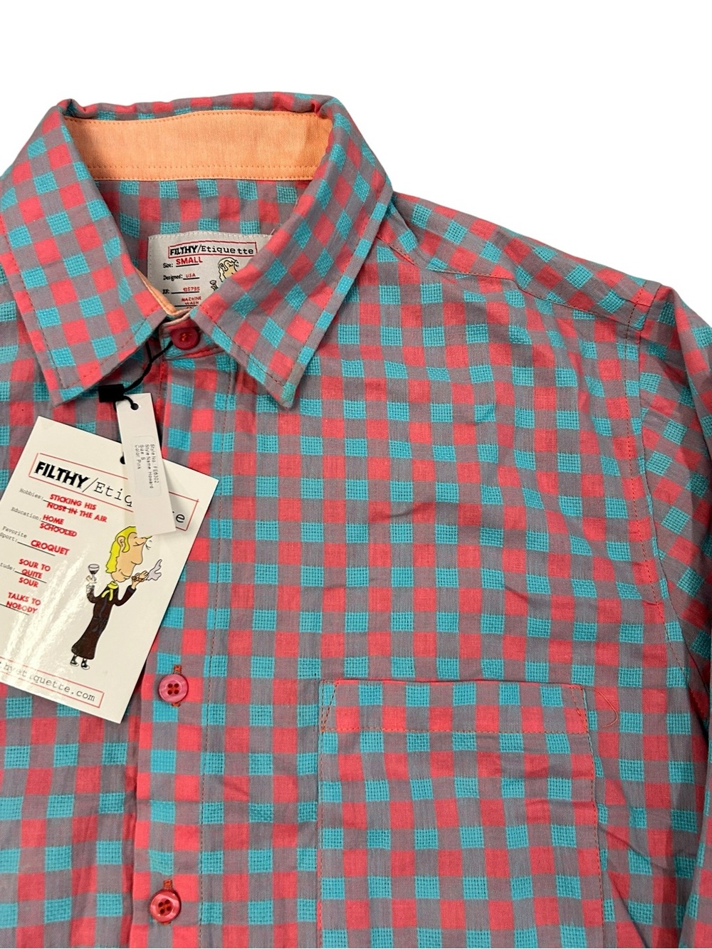 NWT Filthy Etiquette Howard Men’s Pink Teal Check Button-Up Shirt S Casual